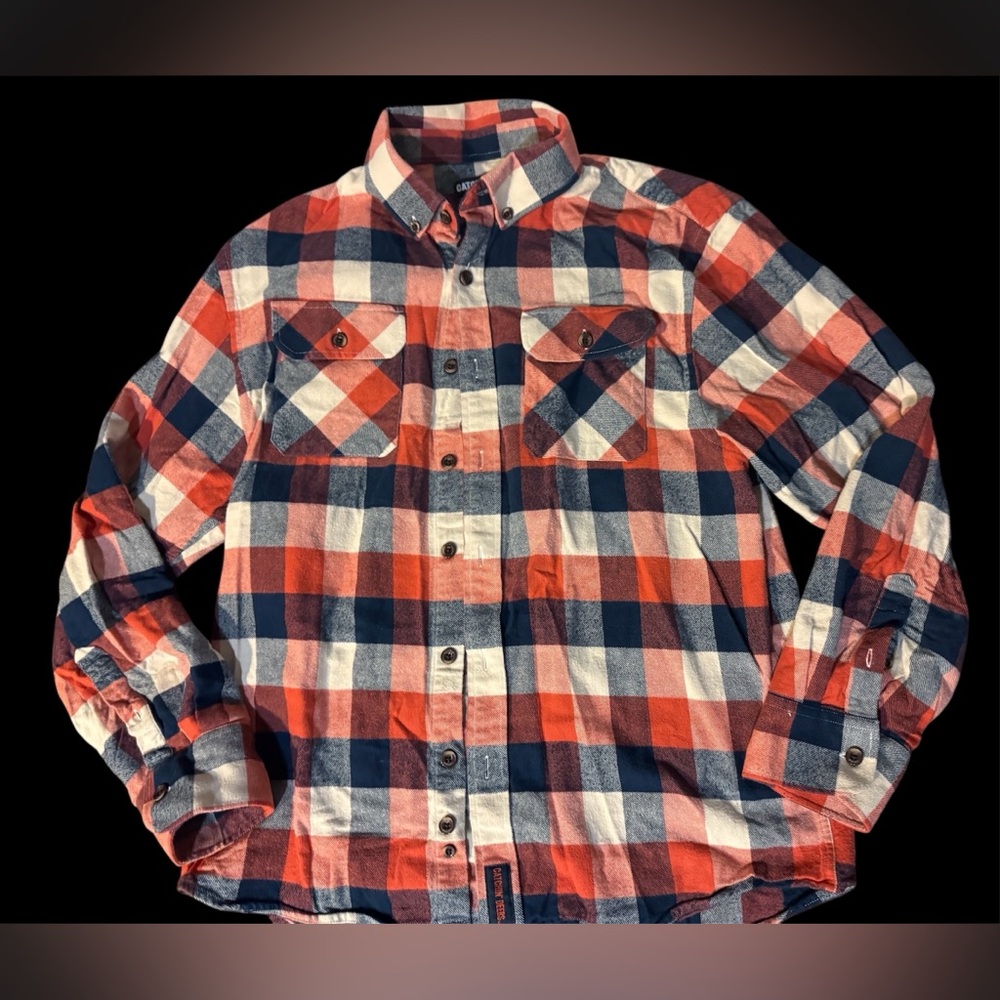 Catchin’ Deers Flannel in orange, navy and cream plaid pattern